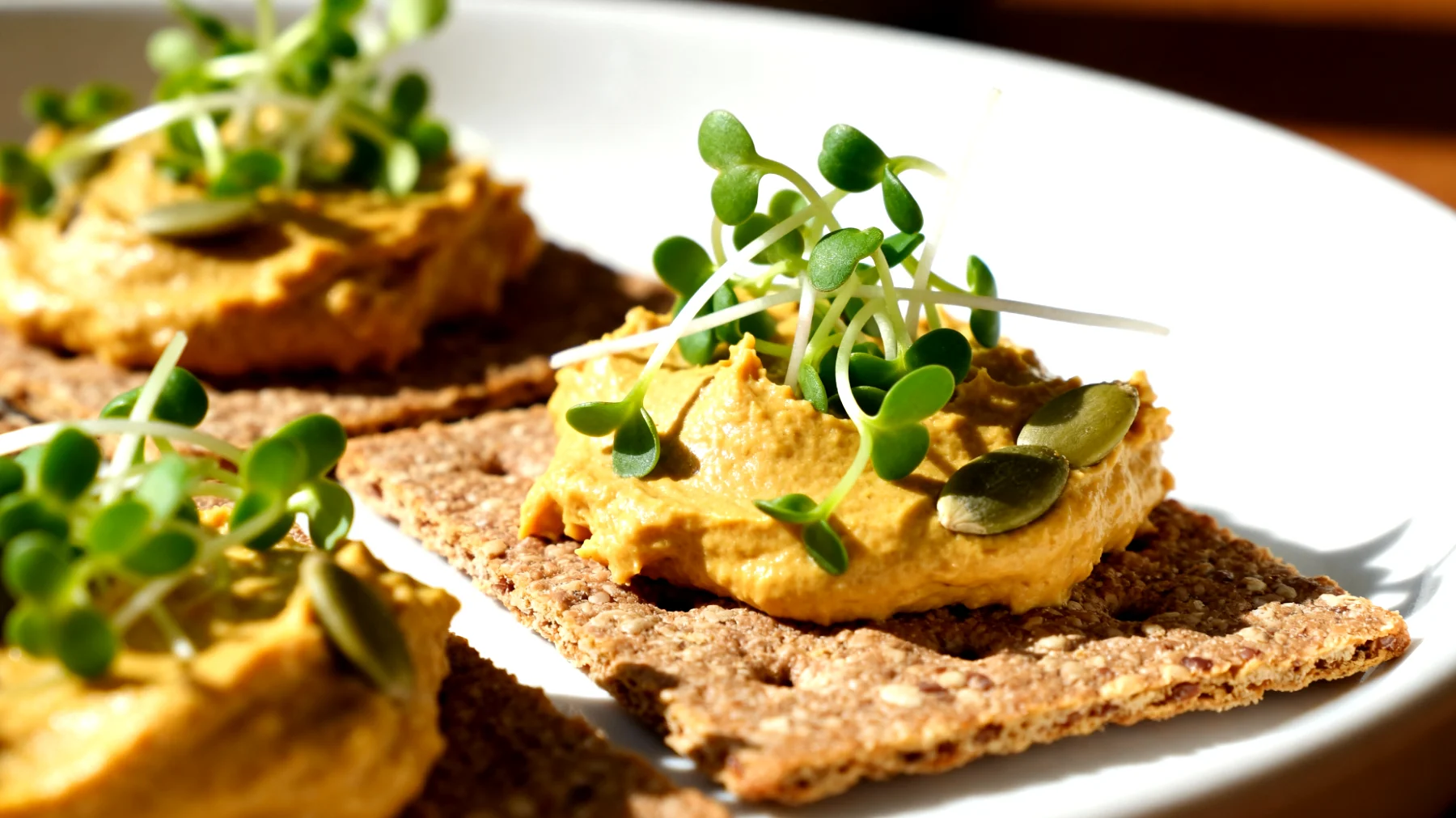 Crackers di grano saraceno con crema di semi di zucca e germogli di alfa-alfa"