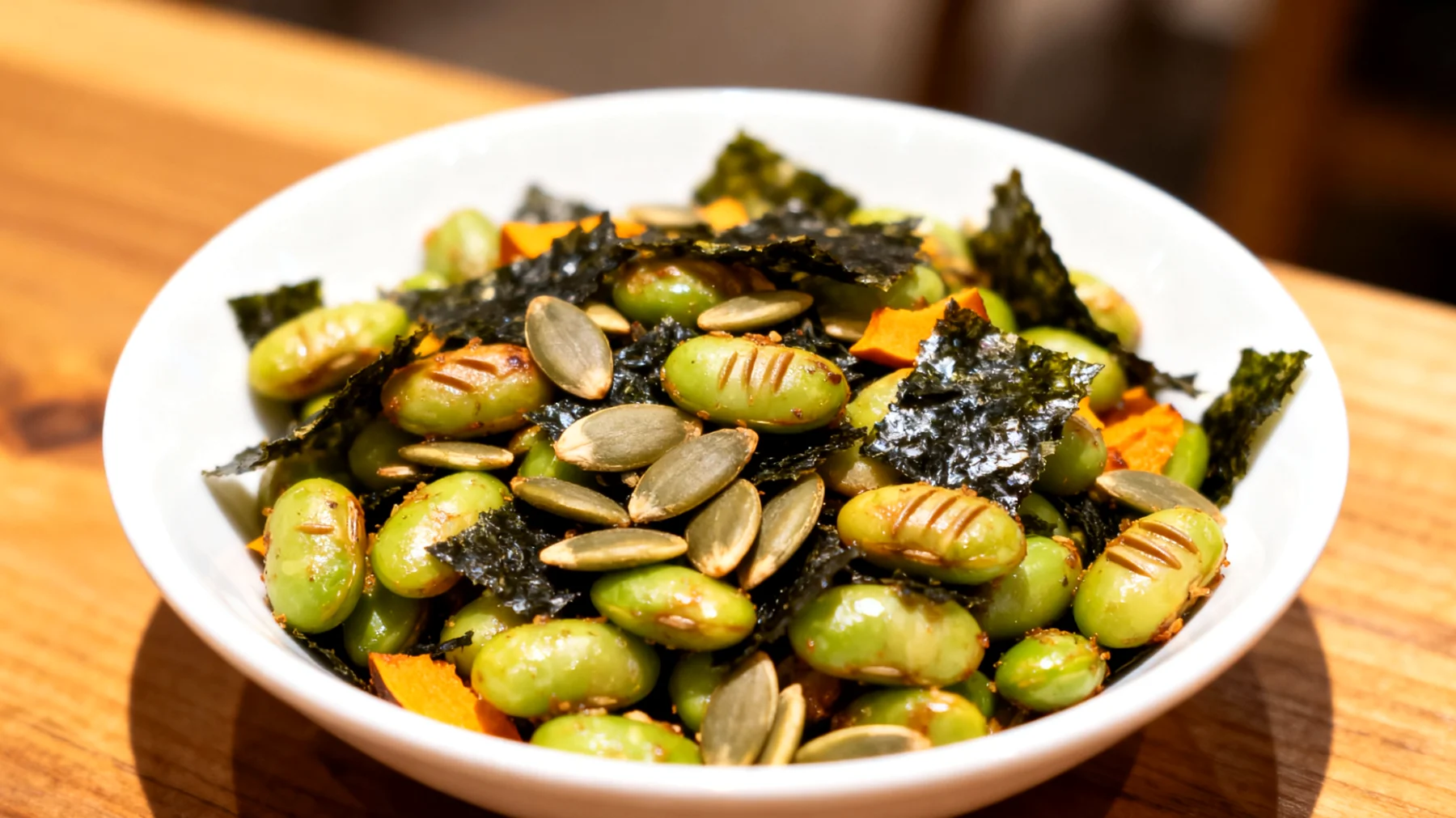 Edamame tostati con semi di zucca e alga nori"