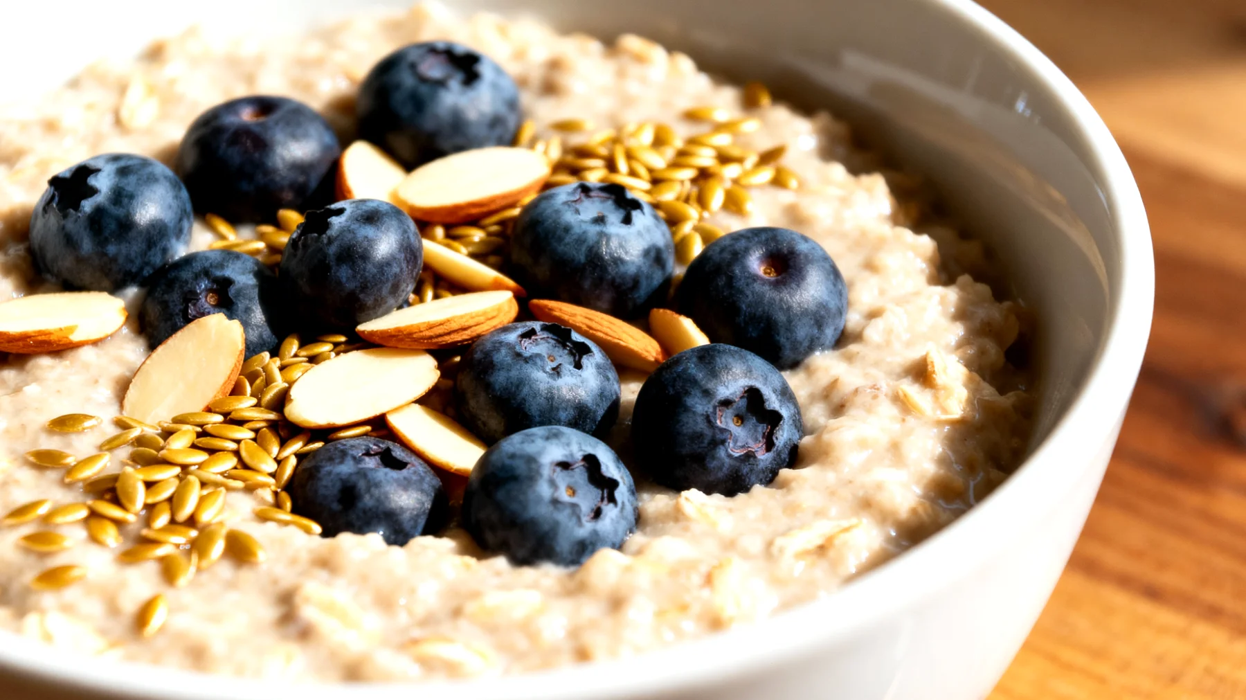 Porridge di avena con semi di lino, mirtilli e mandorle"