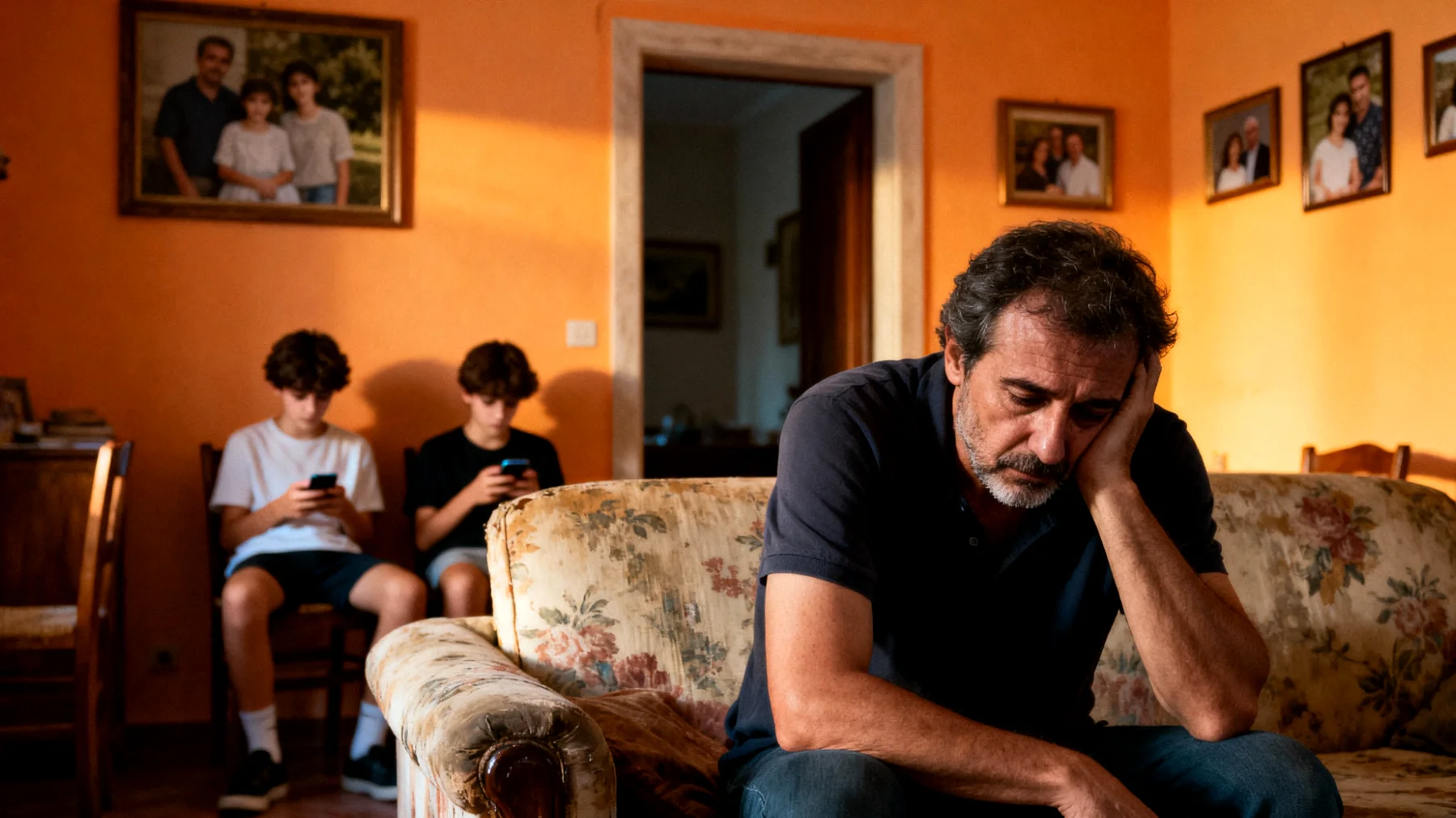 Un papà che lavora molte ore e torna a casa esausto fatica a trovare energie per instaurare un dialogo significativo con i figli adolescenti, sentendosi distante da loro e in colpa per la propria assenza emotiva"