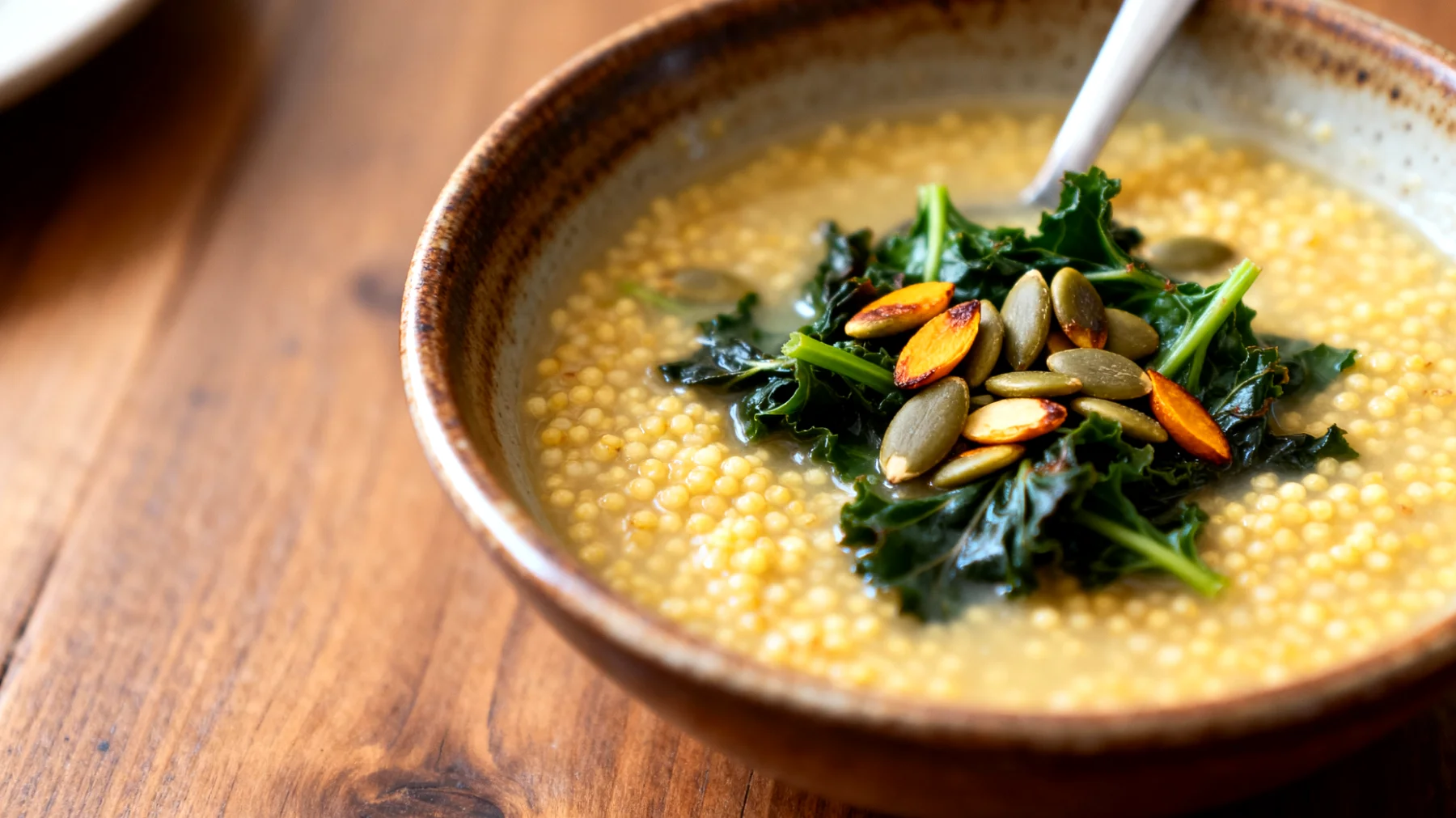 Zuppa di miglio con verdure amare e semi di zucca"