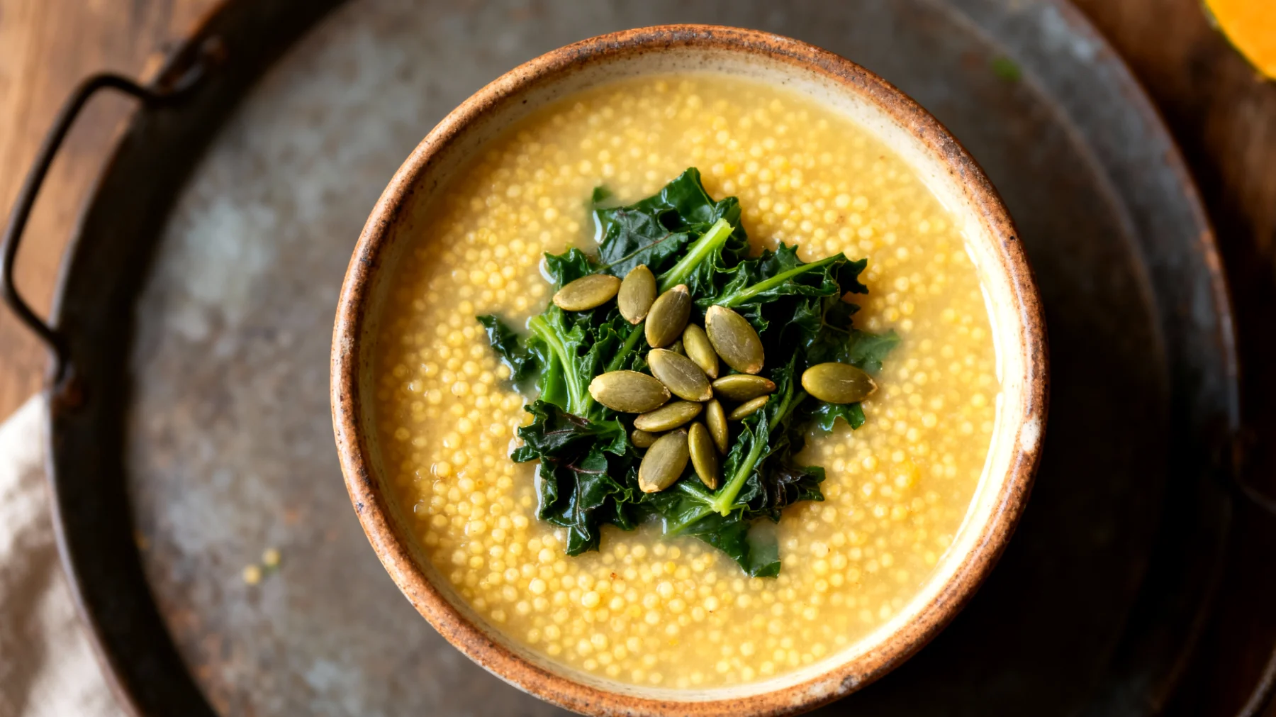 Zuppa di miglio con verdure amare e semi di zucca"