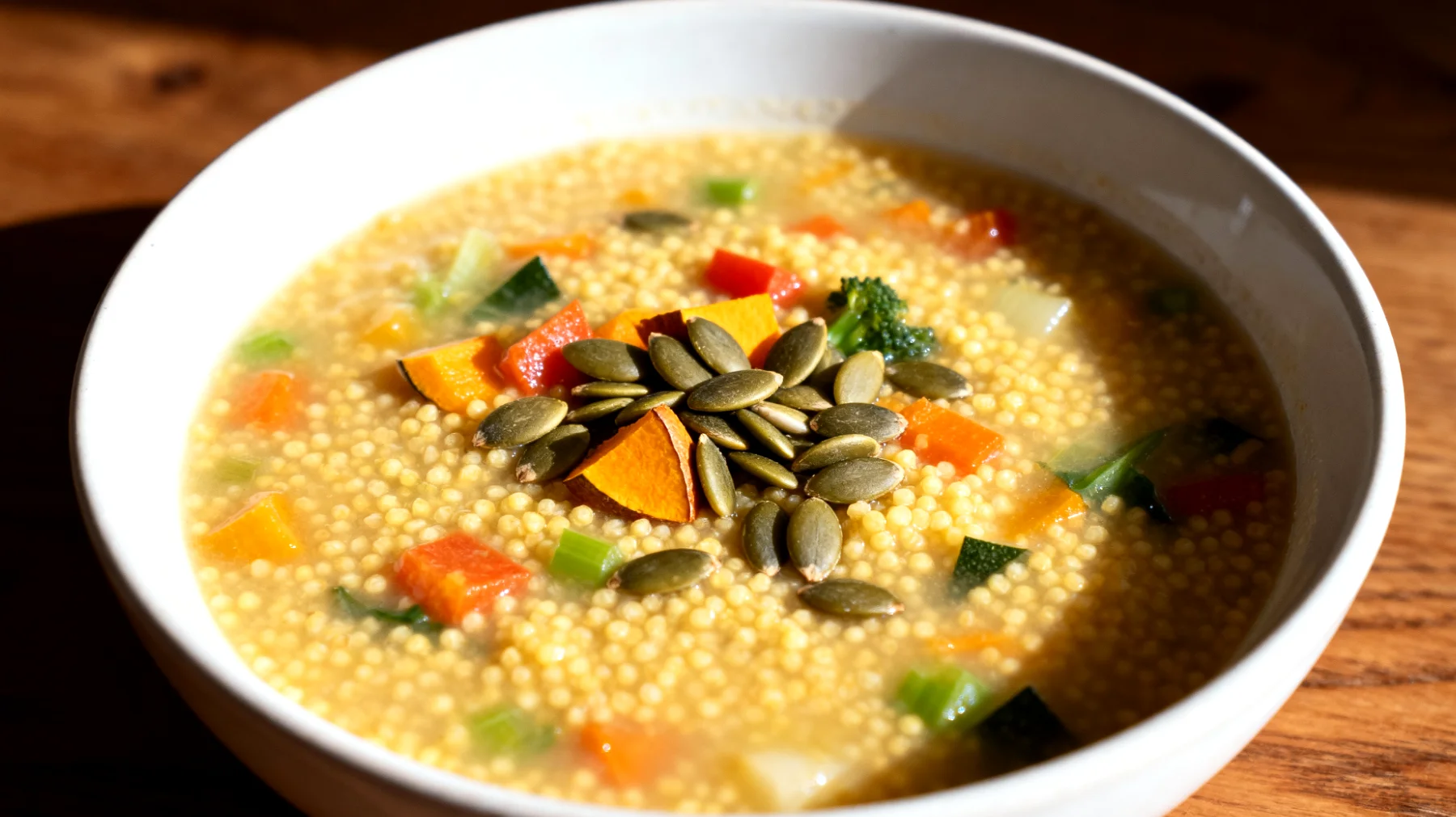 Zuppa di miglio con verdure e semi di zucca"