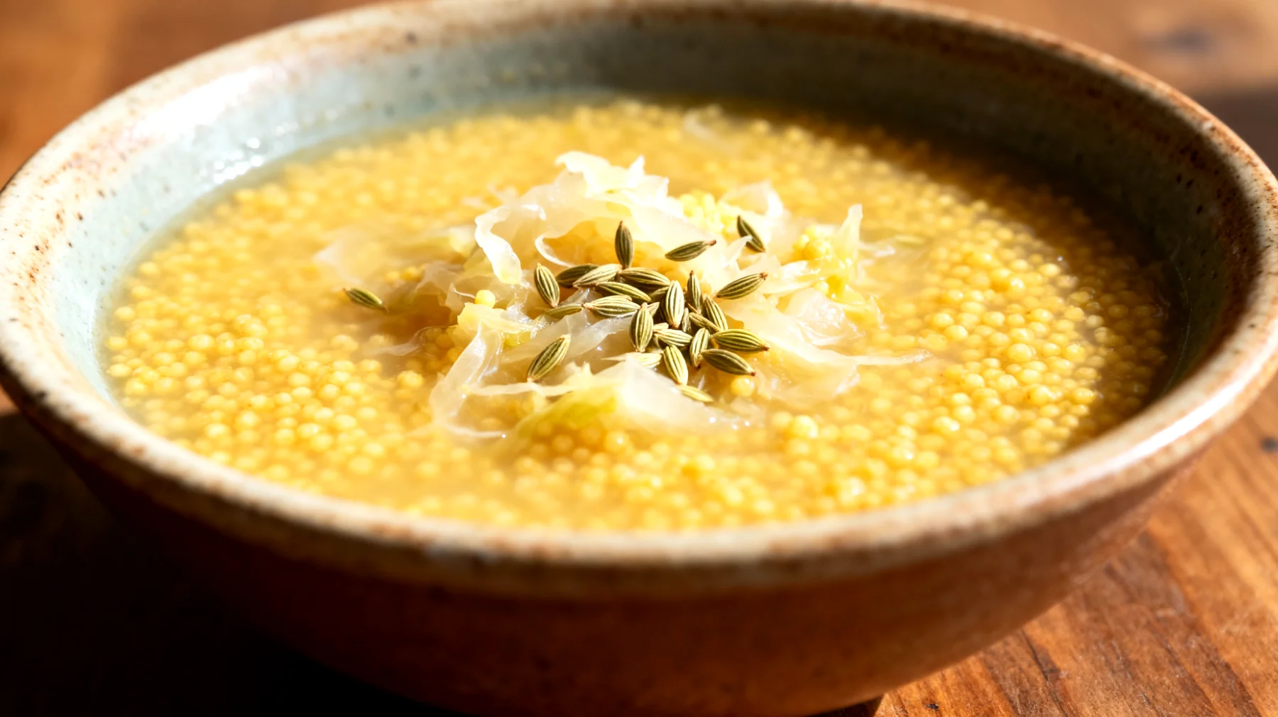 Zuppa di miglio con verdure fermentate (crauti) e semi di finocchio"