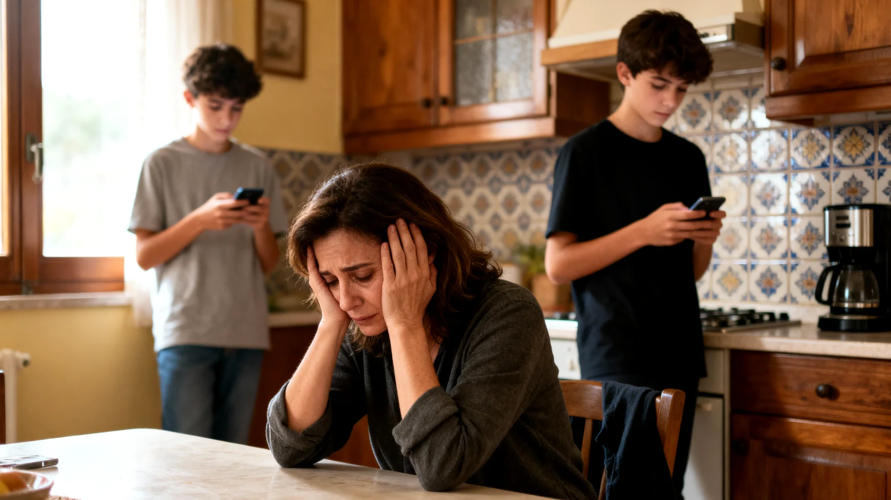 Una mamma si sente costantemente stanca e senza energie sufficienti per seguire adeguatamente i suoi figli adolescenti. Tra lavoro, impegni domestici e le richieste tipiche di questa fase evolutiva, fatica a trovare il tempo e le forze per essere presente in modo efficace, ascoltare i loro bisogni e mantenere un dialogo costruttivo."