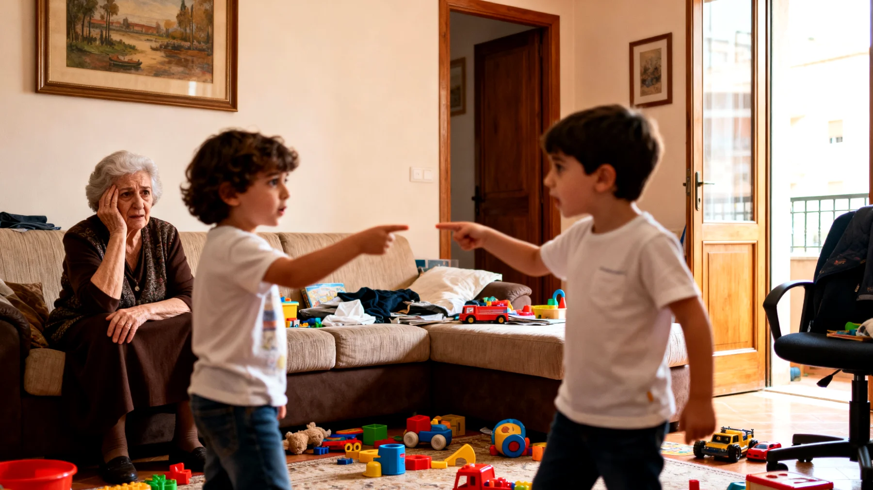 La nonna fatica a gestire la gelosia e la rivalità tra i nipoti bambini durante le visite familiari, creando tensioni e sensi di colpa quando cerca di trattarli equamente ma loro percepiscono favoritismi"