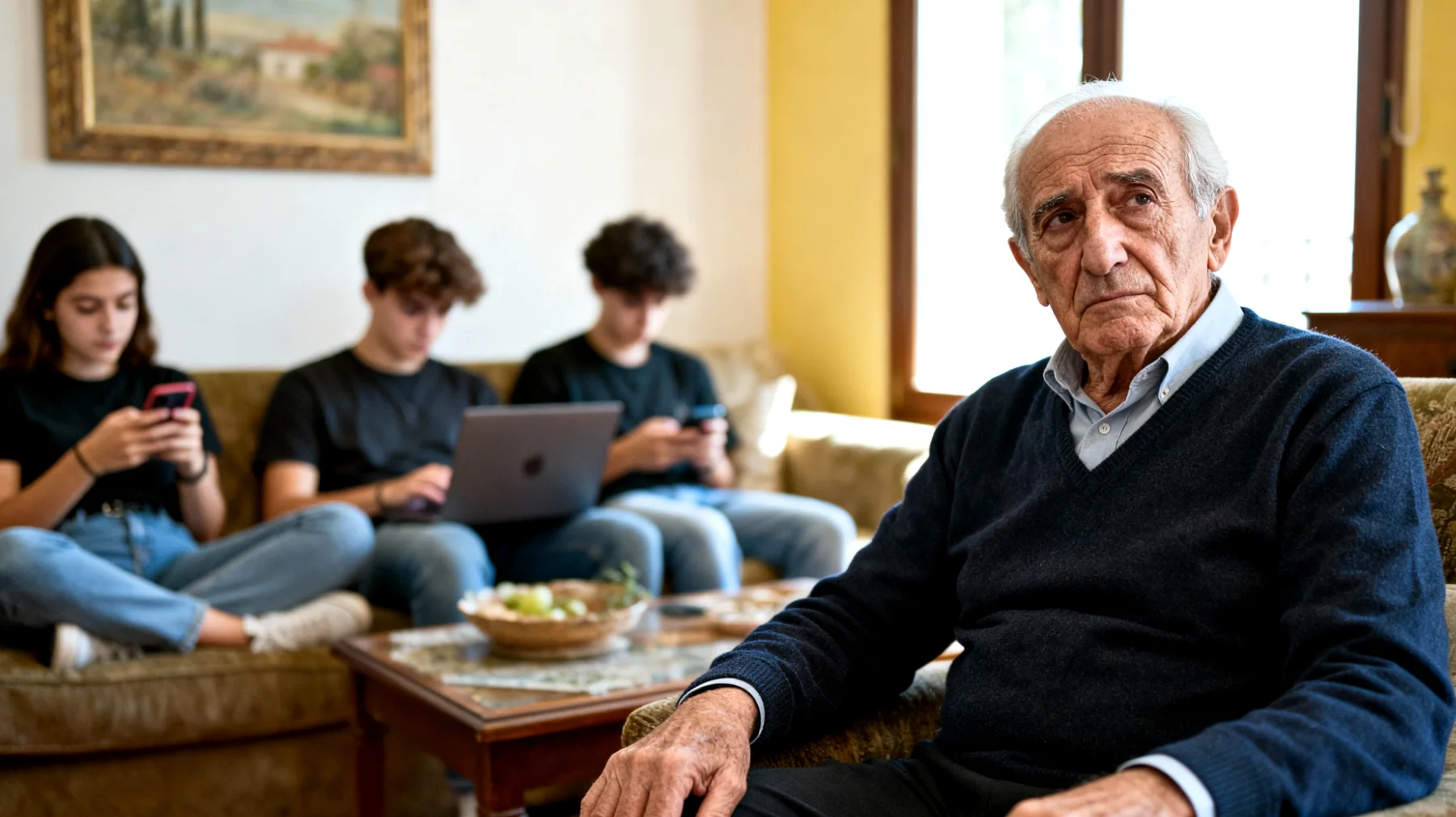 Il nonno si sente in difficoltà nel mantenere un rapporto significativo con i nipoti giovani adulti a causa della propria stanchezza fisica e della mancanza di energie per stare al passo con i loro ritmi di vita e interessi"